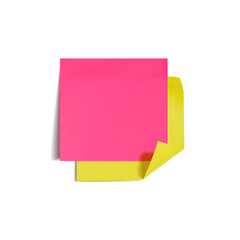 3D Colorful Sticky Notes, Yellow and Pink Memo Stickers Isolated on White Background, Square Shape, Folded Corner, Blank Frame Template.