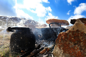 cooking food and tea in nature