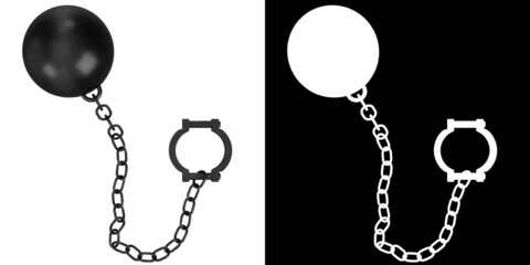 3D rendering illustration of a ball and chain with shackle - obrazy, fototapety, plakaty