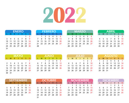 Calendar 2022 template many colors. Monthly design Vector. Week start on Monday. Spanish version