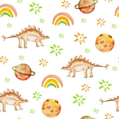 Dinosaur among rainbow planets watercolor seamless pattern. Template for decorating designs and illustrations.