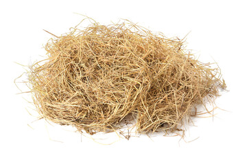 Heap of dried hay on white background, above view