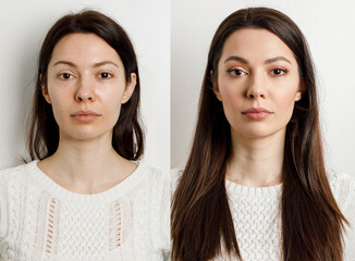 Woman before and after makeup. . The concept of transformation, beauty after applying makeup with a...