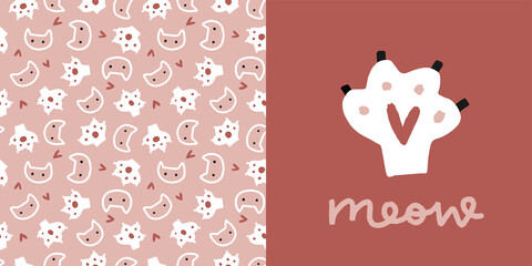 Cute cat paw, meow sign on terracotta background and coordinating pink kitten seamless pattern set. 