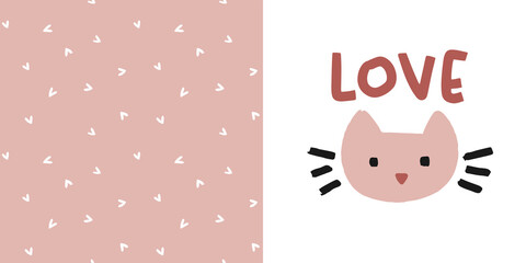 Cat love clipart and heart seamless pattern design for baby or toddler girl clothing, dress or two-piece set in pink and white pastel colours