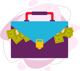 A suitcase full of paper money. Vector illustration in a flat style. The money is in the suitcase.