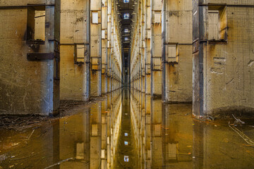 Colonnes dans une usine abandonnée avec reflet dans l'eau 