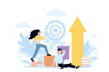 Upskilling learn as work educational qualification rise tiny person concept. Mentorship, upskills, climb help and self development strategy flat style design business concept.