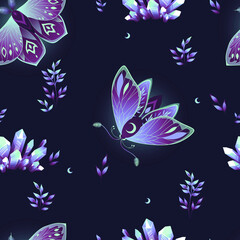 Obraz na płótnie Canvas Vector seamless pattern with moon moth and stars. Contemporary composition. Trendy texture for print, textile, packaging.