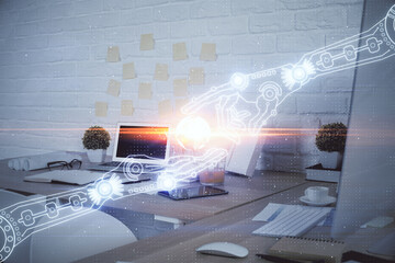 Double exposure of data theme drawing and office interior background. Concept of technology.