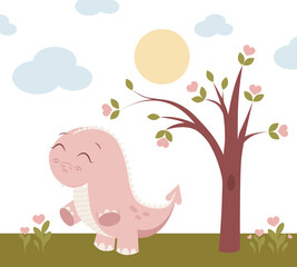 Princess dinosaur poster. Cute pink dino girls. Childish print for nursery, kids apparel, invitation, postcard. Vector illustration EPS10