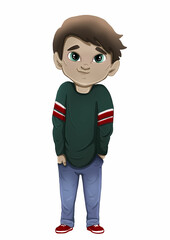 Cartoon little character in full growth without background keeps hands in his pockets, cute teen in green sweater with long sleeves and blue jeans, charming boy short hair, round face and big eyes.