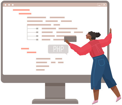 Programmer engineering and coding. Coder programmers working on web development on computer. Concept of script coding and programming in php, javascript, python, other languages. Software developers