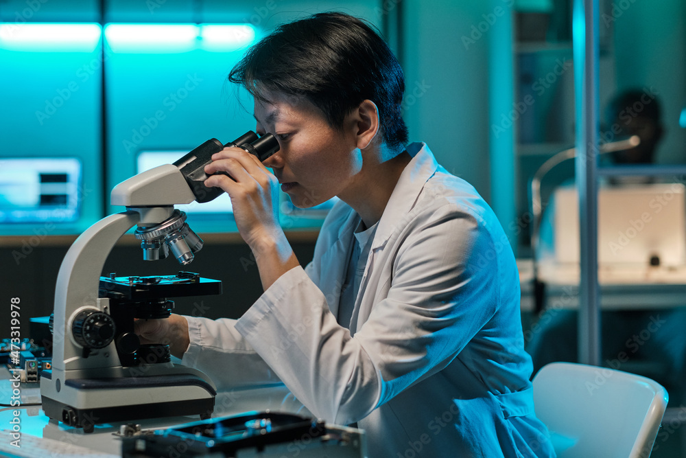 Poster young serious female laboratory worker in whitecoat looking at microchip in microscope while sitting