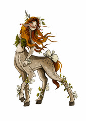 Fairytale forest personage with powerful legs  and hooves in full growth, a cartoon dryad deer with long red hair and pigtails, a cute fantasy creature with leaves, horn and a bow-knot.