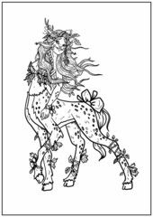 Fairytale isolated character with powerful legs  and hooves in full growth, a cartoon deer girl with long hair and pigtails, a cute fantasy forest creature with leaves, horn and a bow-knot.