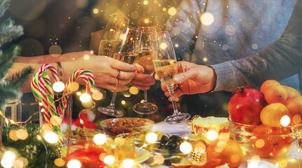 Champagne in hand against the background of the Christmas tree. People. Selective focus.