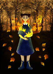 Cartoon girl with bright yellow ghosts in hands, cute female character with freckles and red hair in blue dress on the background of a dark evening forest with tall trees and autumn leaves.