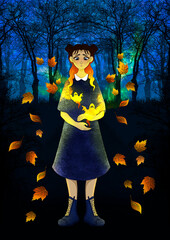 Cartoon girl with bright yellow ghosts in hands, cute female character with freckles and red hair in blue dress on the background of a dark night forest with tall trees and autumn leaves.