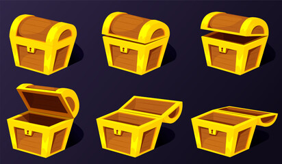 Cartoon treasure chest. Wooden chests, animation open empty wood box. Closed ancient chest with lock. Game wooden box with open cover vector icons