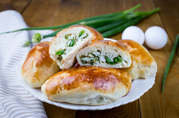 Delicious little pies with green onion and egg. Traditional Russian cuisine. Homemade cakes.