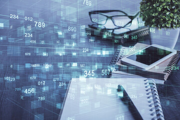 Double exposure of data theme drawing and mobile phone background. Concept of innovation