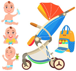 Playing and eating baby set near stroller. Device, vehicle for transporting children. Carriage for riding kids, walking with child. Pushchair with push handle and wheels. Backpack with baby bottles