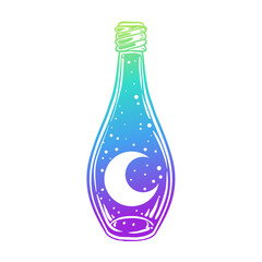 Magic potion: gradient bottle with moon and stars inside. Vector illustration isolated on white. Spirituality, occultism, chemistry, magic tattoo concept. Halloween, astrological elements.