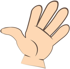 Human hand in cartoon style isolated on white, background hand waving infographic. Hello welcome or goodbye gesture icon. Vector color illustration open palm and five funny fingers facing right
