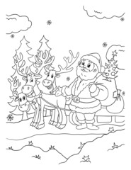 Fototapeta na wymiar santa claus and reindeer colouring book