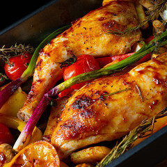 fried chicken legs with various vegetables