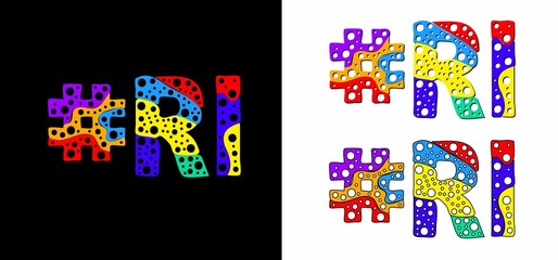 Hashtag #RI set. Multicolor bright funny cartoon colorful doodle bubble isolated text. Rainbow colors. Hashtag #RI is abbreviation for the US American Rhode Island for print, social network.