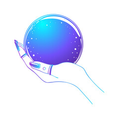 Female hand holding Magic Crystal Ball isolated on white. Creepy cute vector illustration. Gothic design, mystic magician symbol, pastel colors. Future telling, Halloween concept.