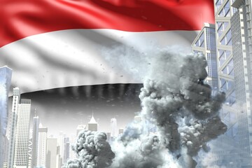 big smoke column in abstract city - concept of industrial disaster or act of terror on Yemen flag background, industrial 3D illustration