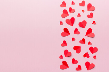 Valentine day background with red hearts, top view with copy space