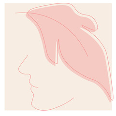 Minimalist abstract illustration with pink leaves, silhouette of a face in profile on a pink background.