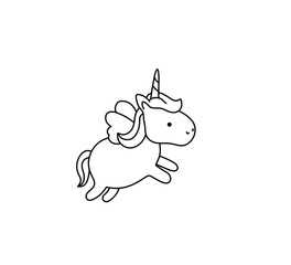 Vector isolated tiny cute cartoon flying unicorn contour drawing. Doodle linear  sketch for small tattoo, print, pattern, icon, logotype. © MariMuz