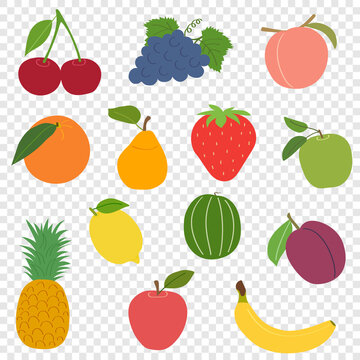 Set of fruits on transparent background, flat cartoon vector hand drawing. Seasonal sweet food for vegetarians, simple pictures for children's books.