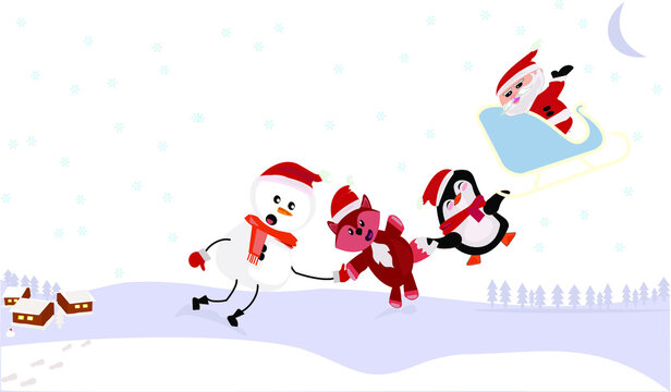 Kardan adam, kutup tilkisi, penguen ve Noel Baba kızağıyla kar yağarken  yeni yılı kutluyorlar. Afiş, poster, tebrik kartı, kutlama kartı, ill&uuml;strasyon, vekt&ouml;r