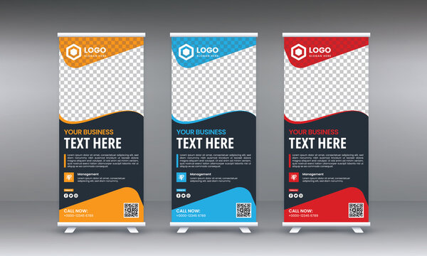 Corporate rollup banner, pull up, business flyer, display, x-banner, and flag-banner Set with blue, red, yellow color
