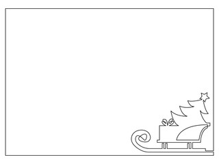 Frame with sleigh Santa Claus with of presents and christmas tree, continuous line. Vector illustration, isolated on white background.