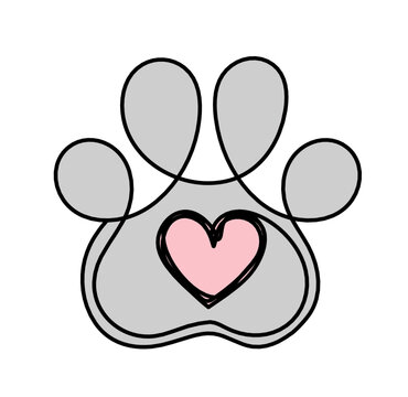 Silhouette of abstract color paws as line drawing on white. Vector