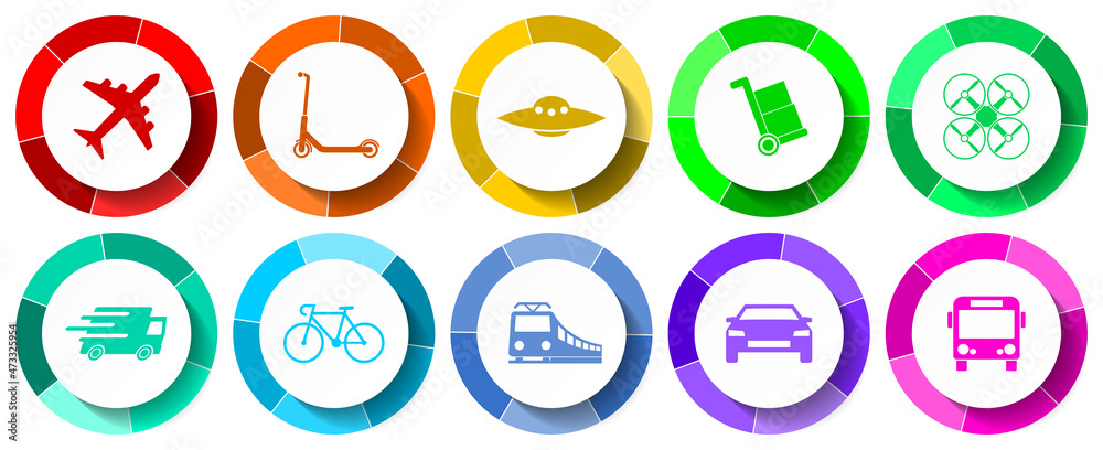 Poster transportation concept vector icon set, transport and vehicles design web buttons collection in eps 