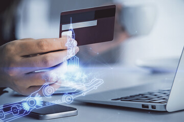 Double exposure of woman on-line shopping holding a credit card and creative drawing. e-commerce concept.