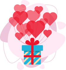 Balloons hearts. A gift box is flying on balloons. Vector illustration in a flat style.