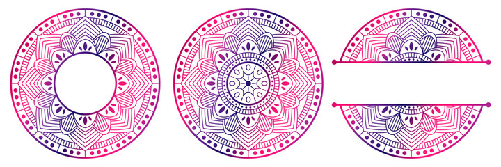 Set of flower mandalas. Split pattern in form of mandala for Henna Mehndi or tattoo decoration. Decorative ornament in ethnic oriental style, vector illustration.