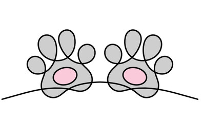 Silhouette of abstract color paws as line drawing on white. Vector