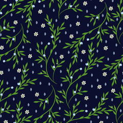 Pattern on a dark background. Botanical print. Calm, delicate. Suitable for bed linen and kitchen decor.