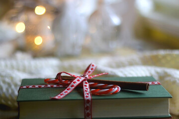 Hardcover books wrapped with ribbon, candy cane and cinnamon stick. Candles, blanket and Christmas decorations in the background. Giving the gift of knowledge for Christmas. Selective focus.