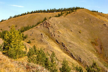 picturesque spurs of the Nurali ridge in the Ural Mountains in the Republic of Bashkortostan on an...